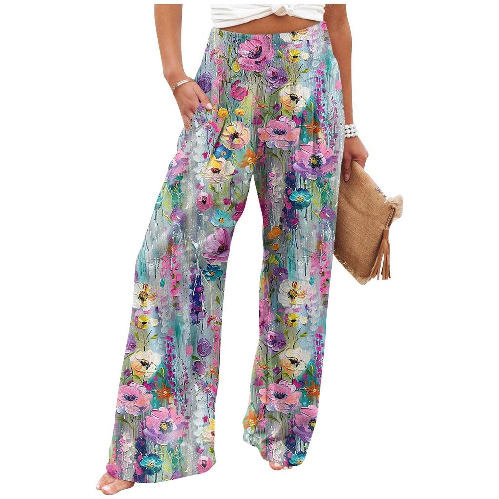 Women's Summer Elastic Waist Floral Printed Cotton And Linen Loose Pants