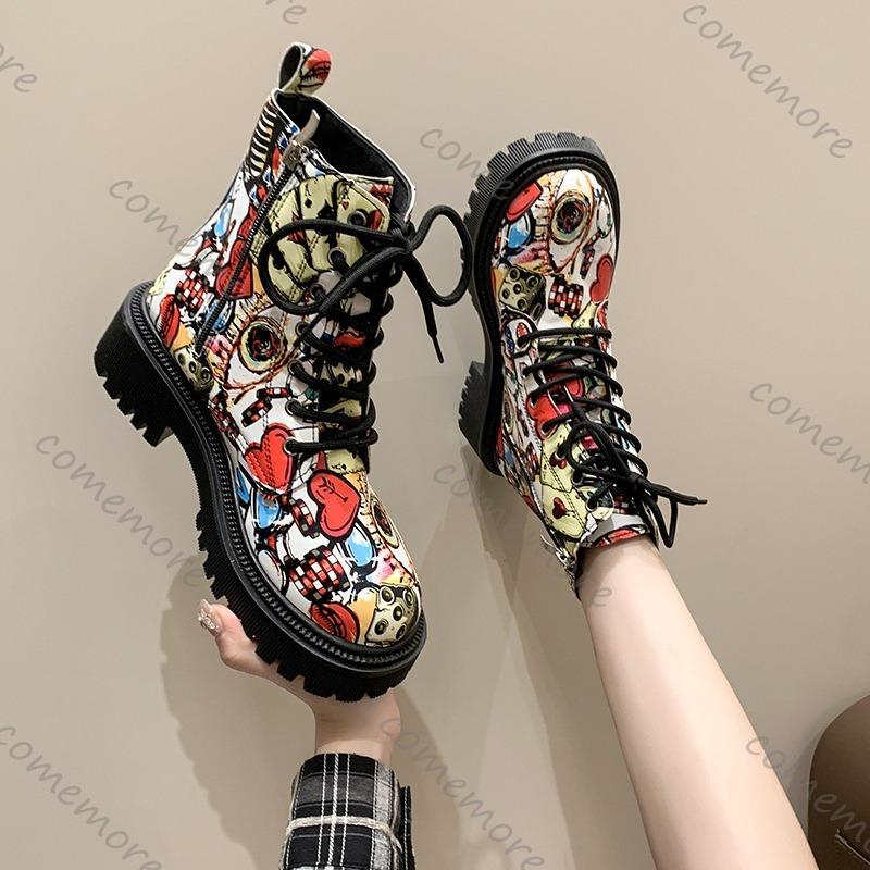 Fashion Comemore 2025 New Autumn Boots Graffiti Women's Shoes Printed Cartoon Lace-up Leather Ankle Boots Punk Style Thick Heeled Botas
