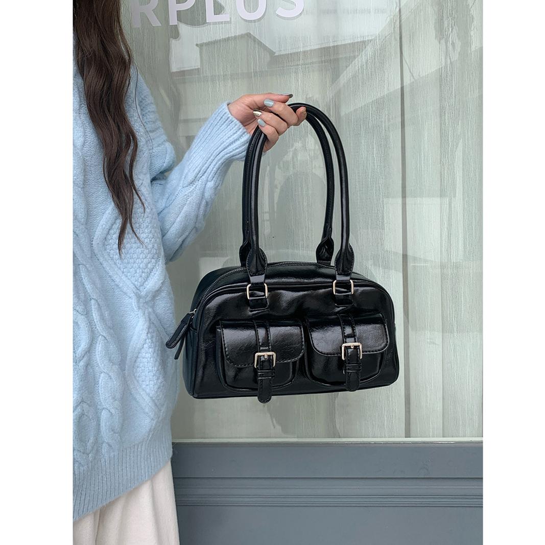 

Вінтажна жіноча сумочка з натуральної шкіри Бренд Прості повсякденні жіночі сумки на плече Жіночі сумки великої місткості для подорожей під пахвами чорний