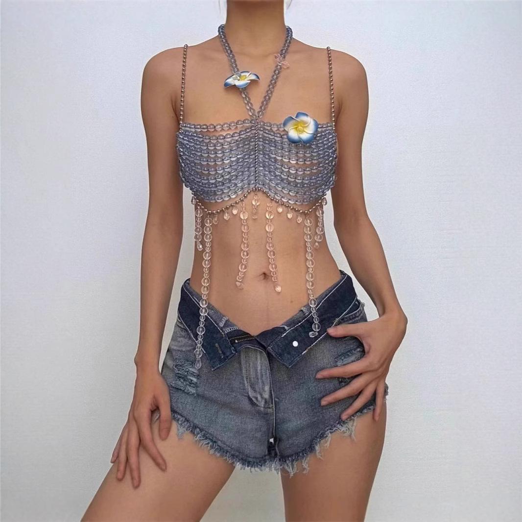Crystal Bead Tassel Halter Crop Top OneSize синий