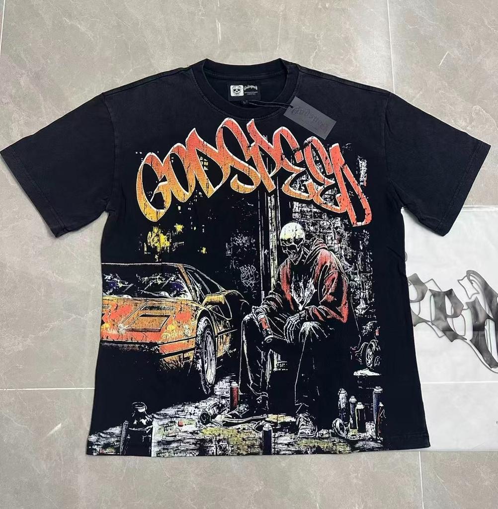 New Godspeed Skeleton Wrecked Car Print T-Shirt Short Sleeve Men Women T-Shirt