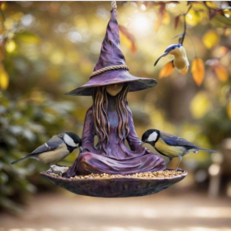Resin Bird Feeder Outdoor Hanging Decor Witch Design Garden Yard Art