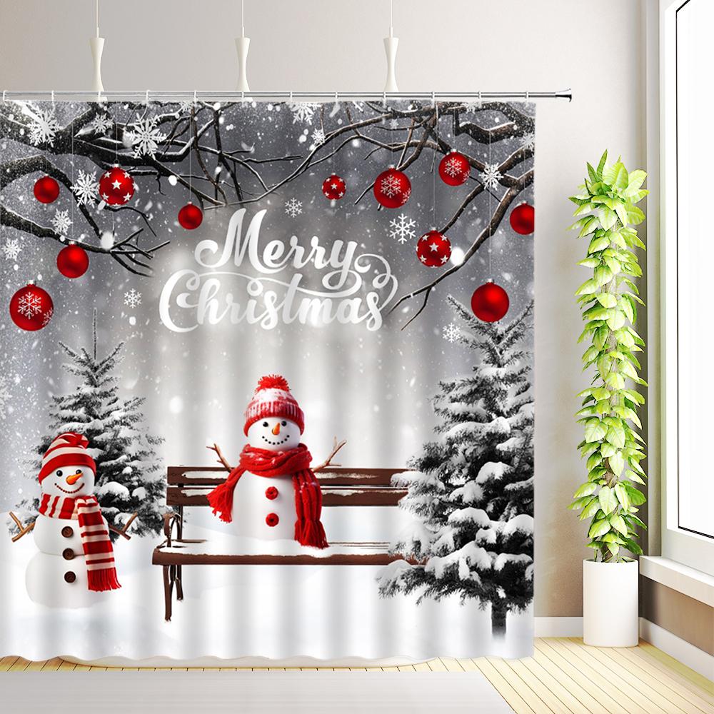 Merry Christmas Happy New Year Shower Curtain Santa Claus Snowman Reindeer Winter Snowflake Xmas Bathroom Decor with Hooks