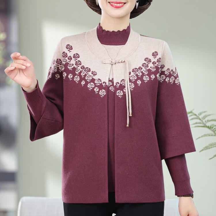 Mom Autumn Fashion New Sweater Two-piece Suit Middle-aged and Elderly Women Western-style Sweater Suit Grandma Autumn Coat.