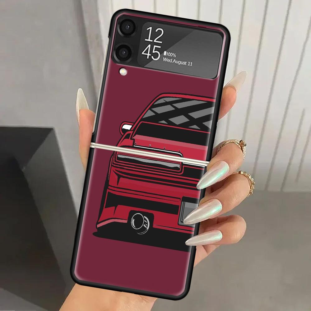 Japan JDM Sports Cars Comic Hard PC Phone Case For Samsung Galaxy Z Flip 7 6 5 4 3 Black ZFlip7 ZFlip6 Flip5 Flip4 Flip3 5G Prin
