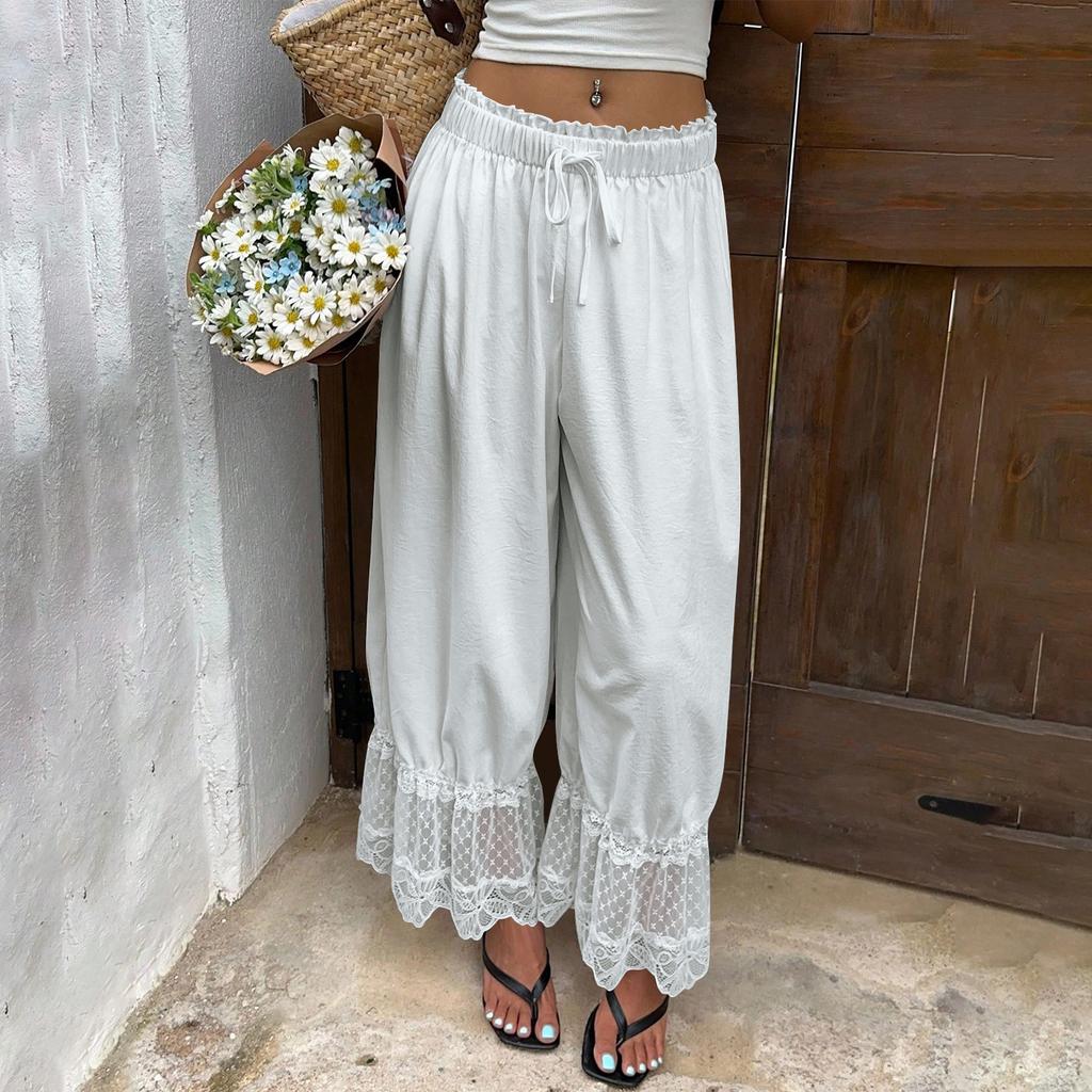 Damen Spitzenbesatz Rüschensaum Weites Bein Hoher Bund Lange Lockere Hose Vintage Stil Strand Reise Urlaubs Hose