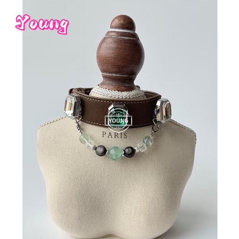 Luxury Leather Natural Crystal Charm Dog Collar Green Fluorite Double Cat's Eye Silver Obsidian Clear Quartz Beaded Pet Necklace