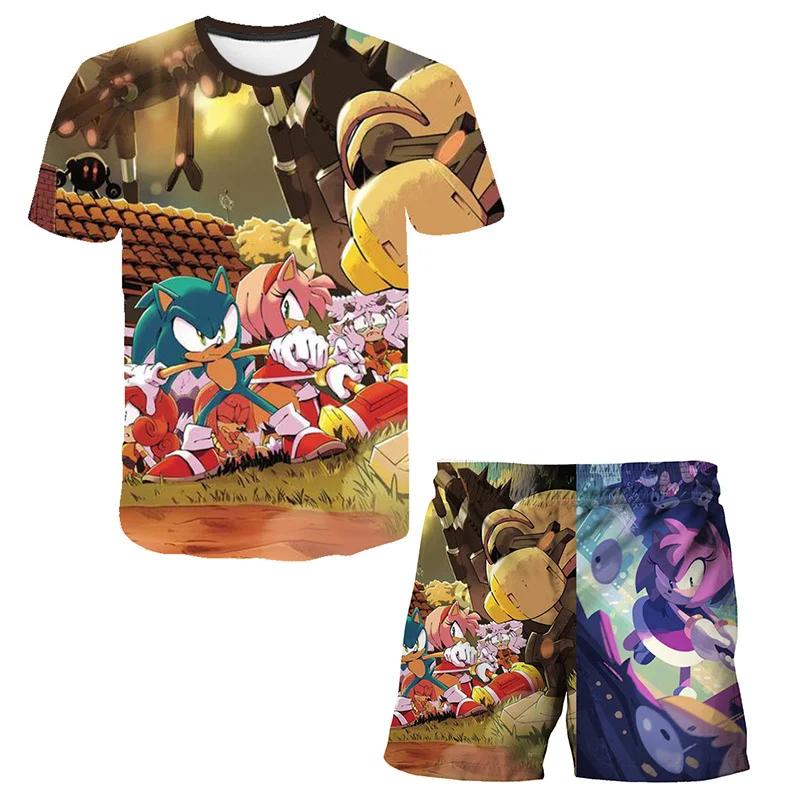 2025 MINISO New boys and girls super sonic Tshirts+shorts  Harajuku Sonic print suit T-shirt + shorts fashion street style children's short sleeves