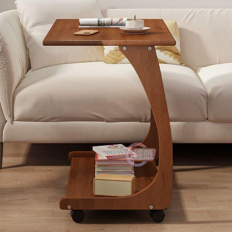 Bamboo Balcony Tea Table  Movable Living Room Side Table  Anti-Collision Bedside Stand  Space-Saving C-Shaped Sofa Table