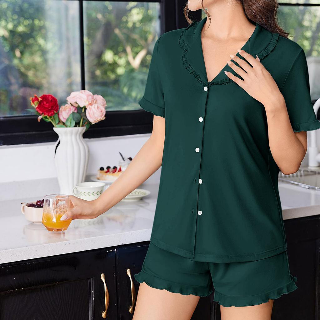 Women's Two Piece Pajama Set Short Sleeve Button Front Top with Ruffle Collar and Matching Shorts with Ruffle Hem Soft Comfortable Lounge Sleepwear