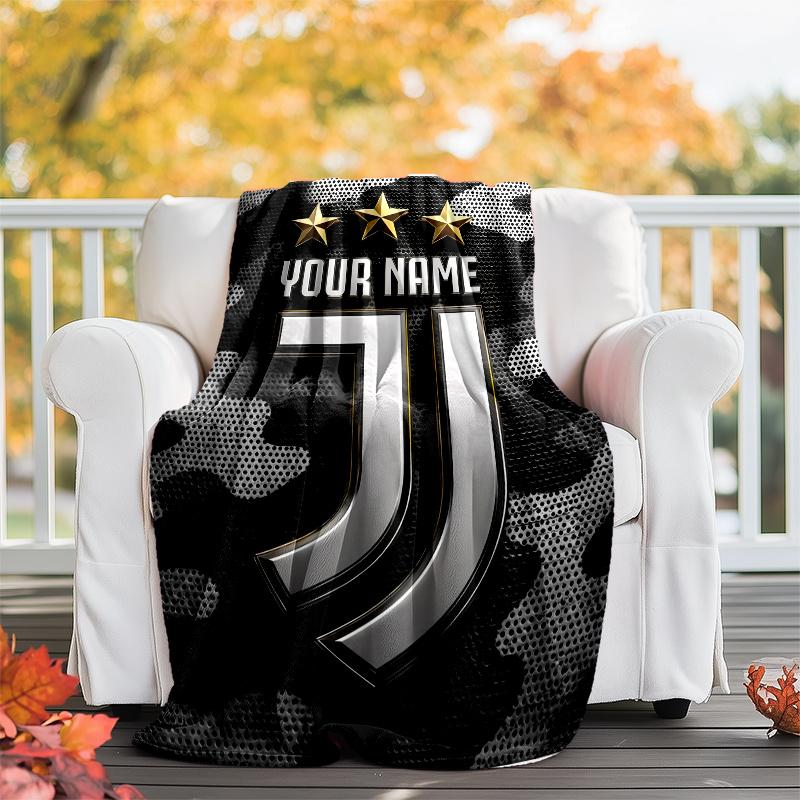 1pc Personalized Name Juventus Theme Blanket - Digital Print, Polyester, Cozy for All Seasons, Perfect for Outdoor, and Travel