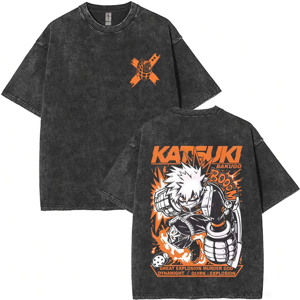 Washed Vintage Anime My Hero Academia Midoriya Izuku and Bakugou Katsuki Merch T Shirt Men Women Casual Retro Oversized Tshirts