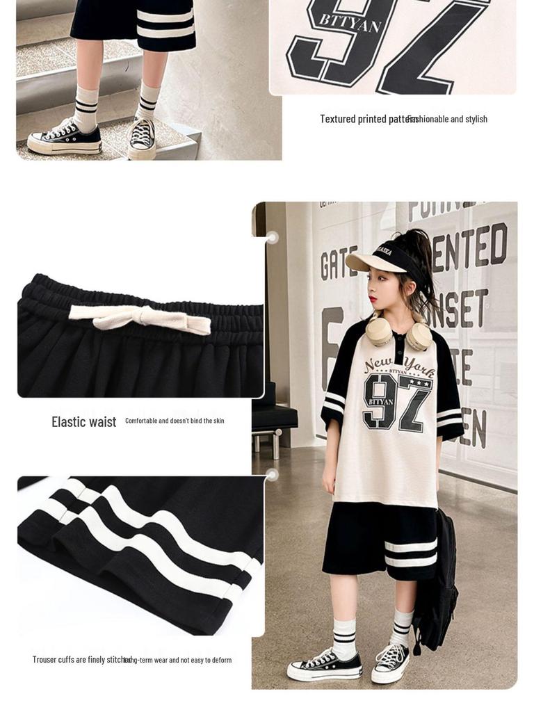 Girls' 2025 Summer Fashion Sportswear Two-Piece Set - Trendy Short-Sleeved Outfit for Big Kids
