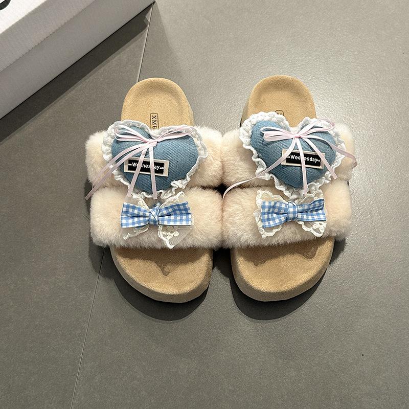 Girls' heart bow fashion fluffy shoes women's autumn and winter new thick-soled heightening cotton slippers