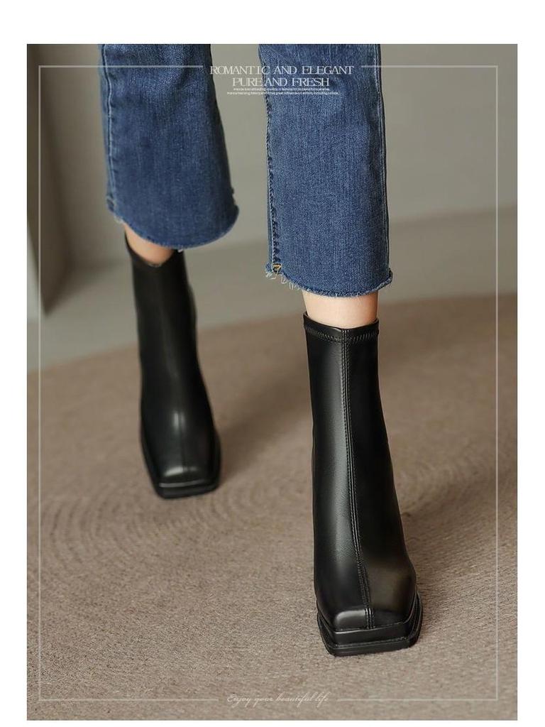 Women's Soft Leather Elastic Ankle Chunky Heel Boots - Autumn/Winter 2025, Square Toe, Plush, Platform Martin Style.
