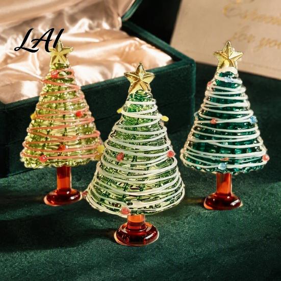 Christmas Table Centerpiece Glazed Tree Figurine Colorful Miniature Xmas Decor Handcrafted Small Ornament for Desk Glass Home Office Holiday