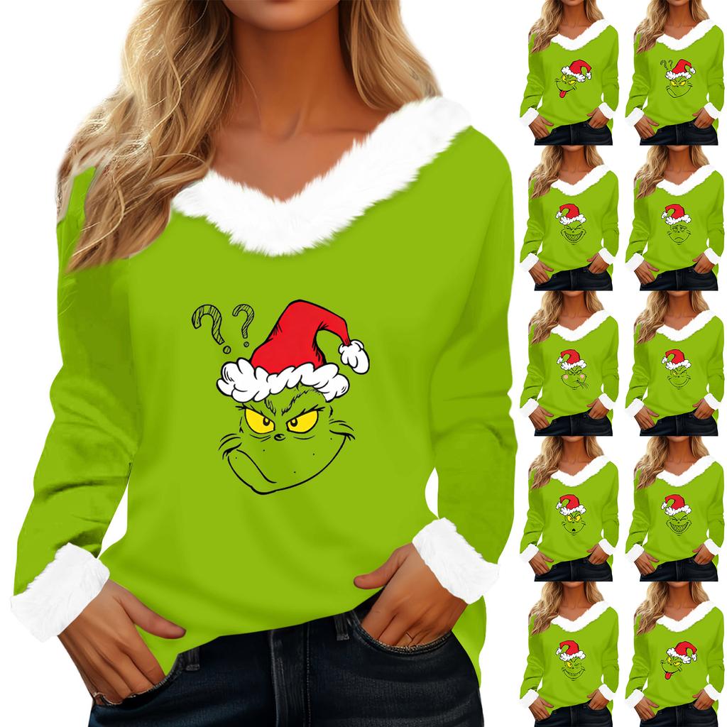 Women's T Shirt Tee Christmas Shirt Long Sleeve Party Christmas Print Fleece Collar V Neck Top