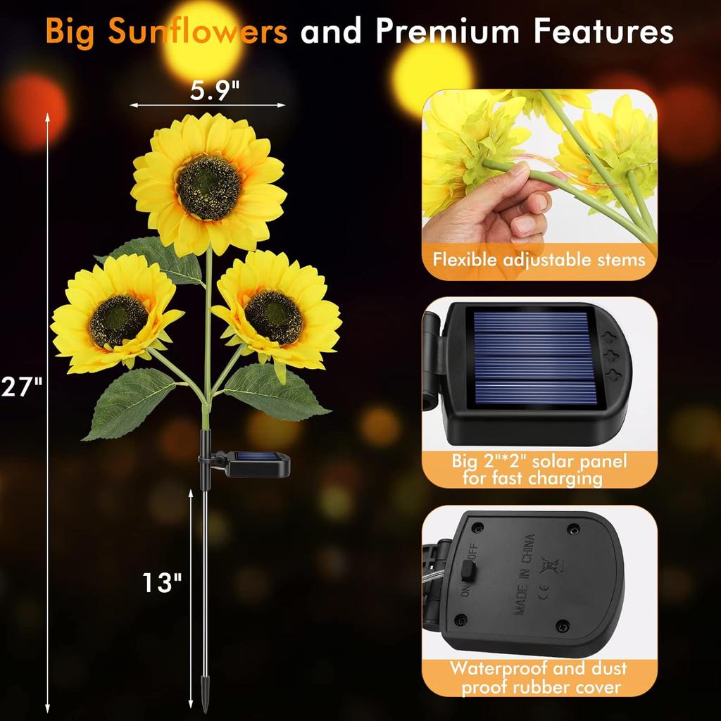 Solar Sunflower Lights, Waterproof Outdoor Garden Stake Lights for Yard, Pathway, Patio (2 Pack)