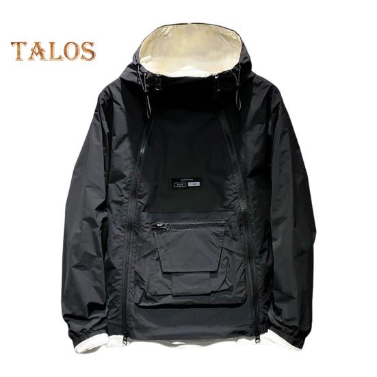 Men Trench Coat Hooded Drawstring Long Sleeve Double Zipper Cargo Tops Solid Color Large Pocket Street Style Outwear