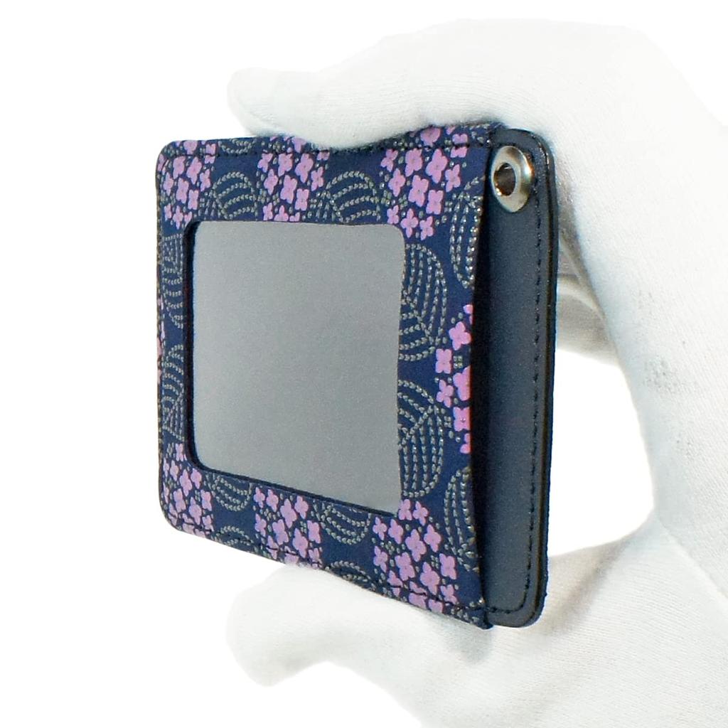 [Inden-ya] Inden Pass Case, Thin Deerskin, Miso, Hydrangea Pattern, Navy Blue with Purple Chintz and Gray Lacquer, 8006