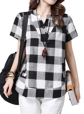 Sommer Gingham Karohemd Kariert Koreanisch Lässig Kurz Groß Tunika Top [Sharphon] Damenbluse, Schwarz, Muster, Stil, Hemd, Ärmel, Größe,