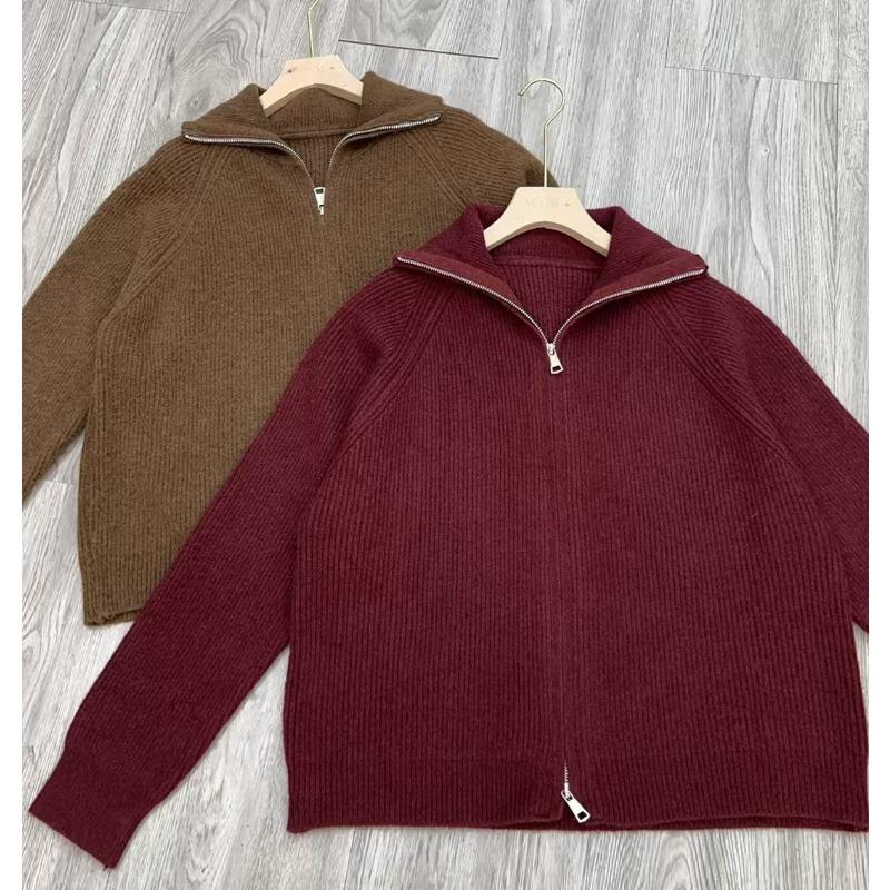 Retro zipper knitted cardigan women's autumn and winter new loose casual lazy wind lapel sweater jacket