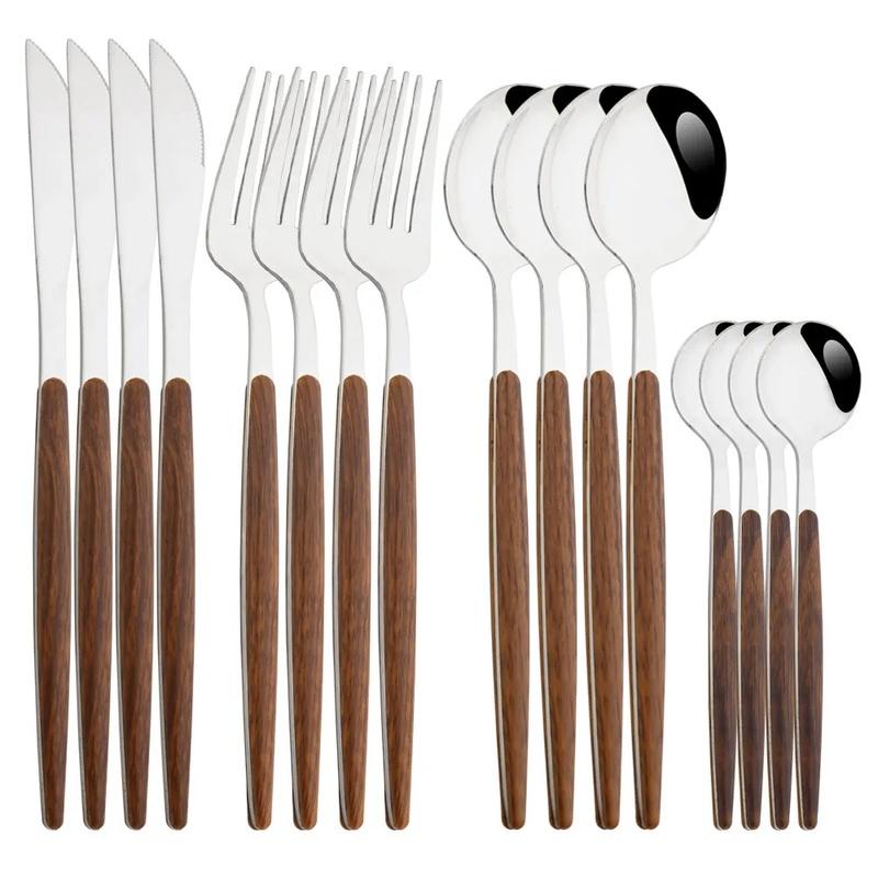 Brown Gold Stainless Steel Dinnerware Set with Imitation Wooden Handle - 4/16 Piece Cutlery Set including Knife, Spoon, Fork