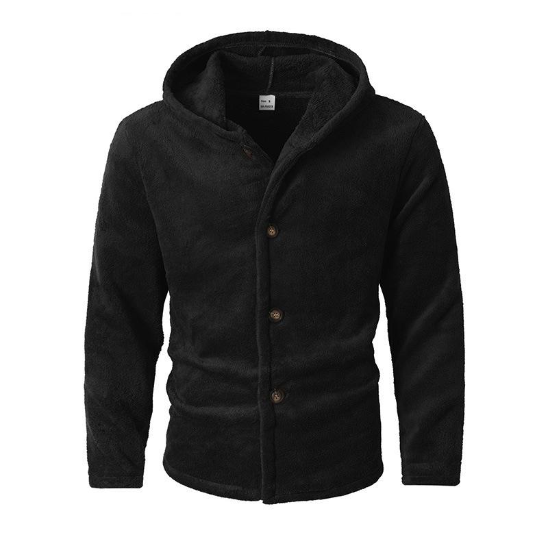 

Autumn Winter Coral Fleece Warm Solid Colour Four Buttons Casual Hooded Long-sleeved Jacket Men s Moisture Warmth Heat Comfortable Skin-friendly Tops XXL чорний