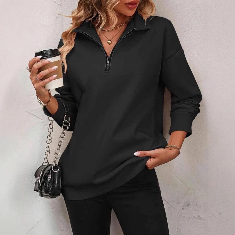 Felpa da donna con mezza zip e maniche lunghe, vestibilità ampia, casual, tinta unita, top pullover
