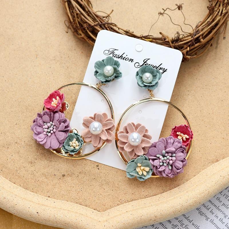 Vintage crystal flower big circle stud earrings long temperament personalized vacation earrings bohemian earrings women