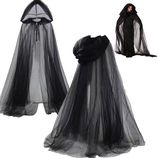 Halloween Gaskappe med hette Voksen Full lengde Gjennomsiktig Nett Hettekappe Halloween Heks Cosplay Kostyme for Renessanse Middelalderfest