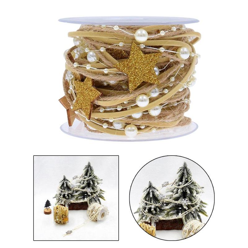 2/5m Pearl Bead Chain Christmas Ribbon with Snowflake and Star Decorations – Ideal for Christmas Tree Weddings and DIY Crafts