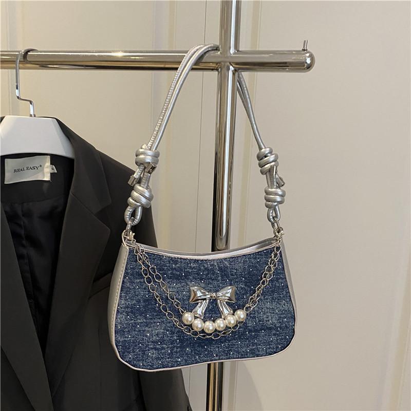 Metal Bow Women's PU Small Shoulder Bag Pearl Chain Sweet Cool Girls Underarm Bags Handbags Portable Female Messenger Bag