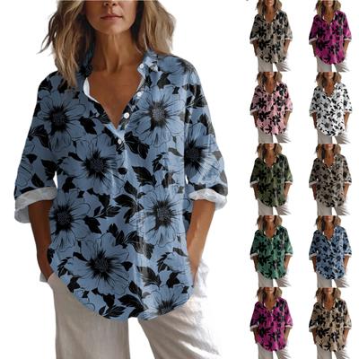 Women's Casual Spring And Summer Loose Printed Casual Sleeved Lapel Pullover Shirt