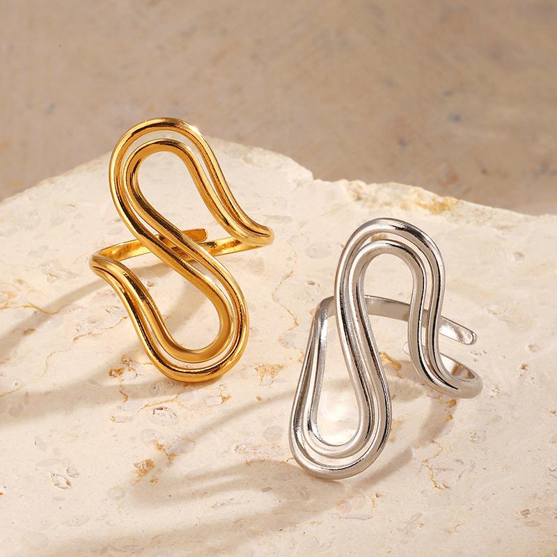 Stainless Steel Line Design Women's Rings 18K Gold Plated Gold S Shape Rings Waterproof Jewelry for Daily Wear