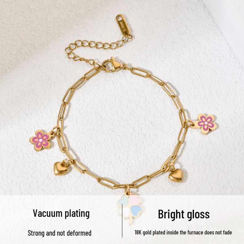 Women's Luxury Drip Oil Flower & Heart Pendant Stainless Steel Bracelet