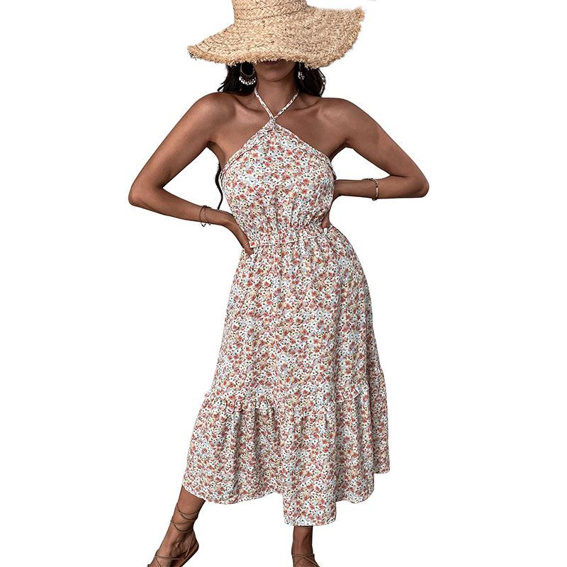 Floral White Sling A Line Small Floral Waist Beach Halter Dress S-XXL