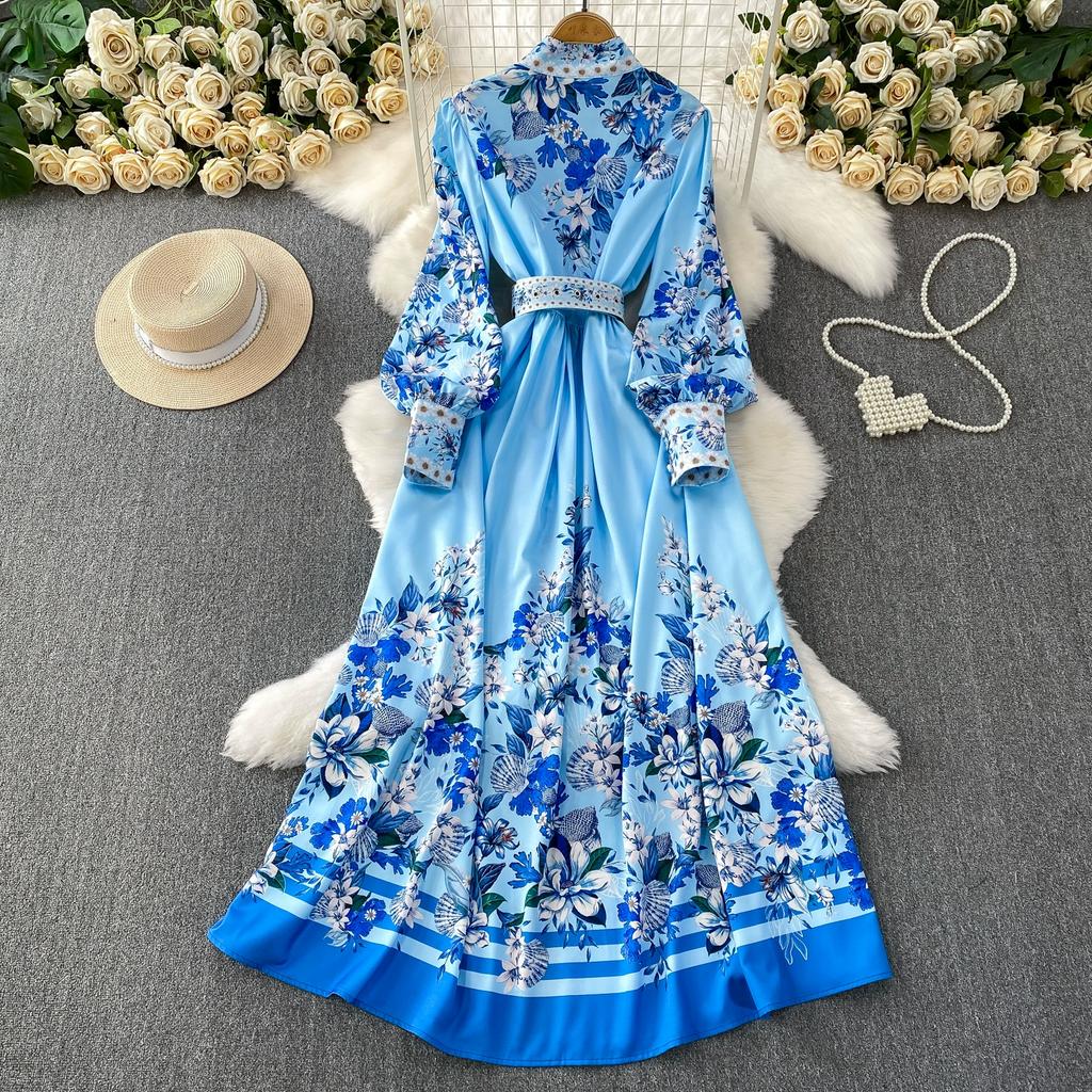 Spring Autumn Women Vintage Print Runway Dresses Stand Full Sleeve Single Breasted Long Maxi Holiday Party Dress With Belt