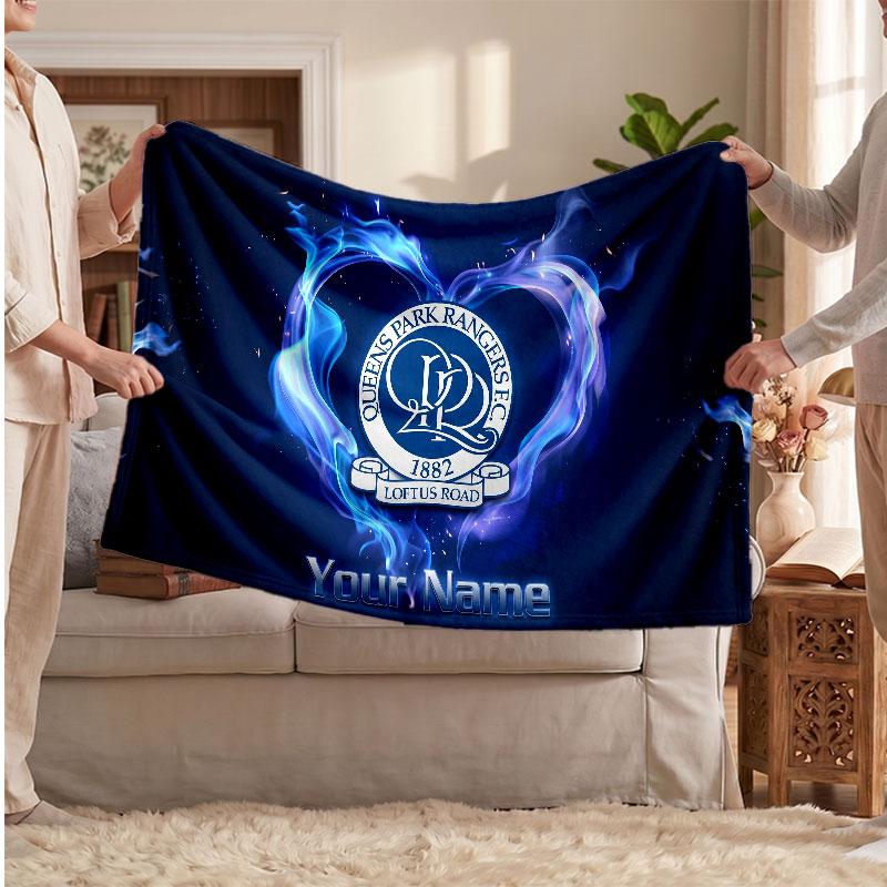 Queens Park Rangers Personalized Fleece Blanket With Football Logo, Custom Name Text Soft Warm Home Throw Blanket