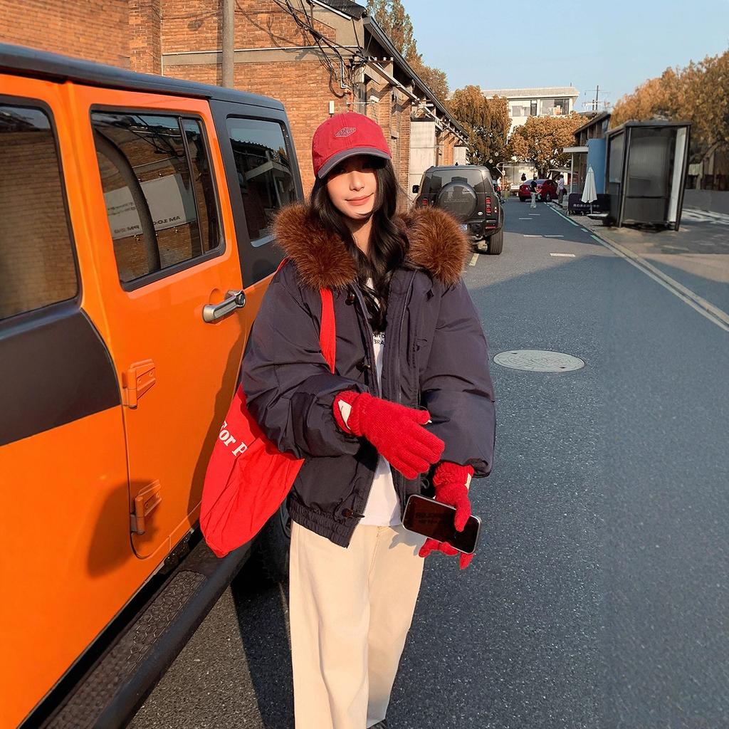 Horn Button Cotton Coat Women's Short Winter Coat Thickened Large Fur Collar Down Cotton Coat Loose Coat