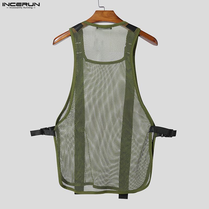 INCERUN Men Summer Sleeveless Mesh See Through Stitching Long Tank Tops