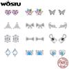 WOSTU 925 Sterling Silver Animals Cute Paws Rainbow Stud Earrings For Women Heart Oval Flower Zircon Crab Ear Studs Jewelry Gift