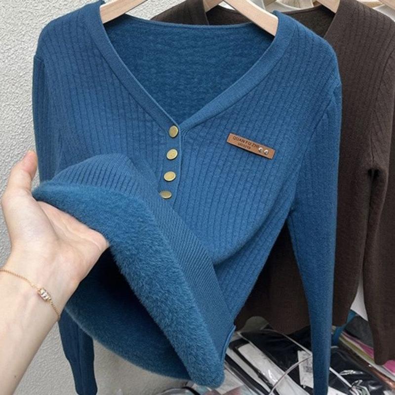 Fashion Plus Velvet Padded Sweater All Match Casual Knit Bottoming Shirt Women Autumn Winter Elegant Slim V-neck Tops