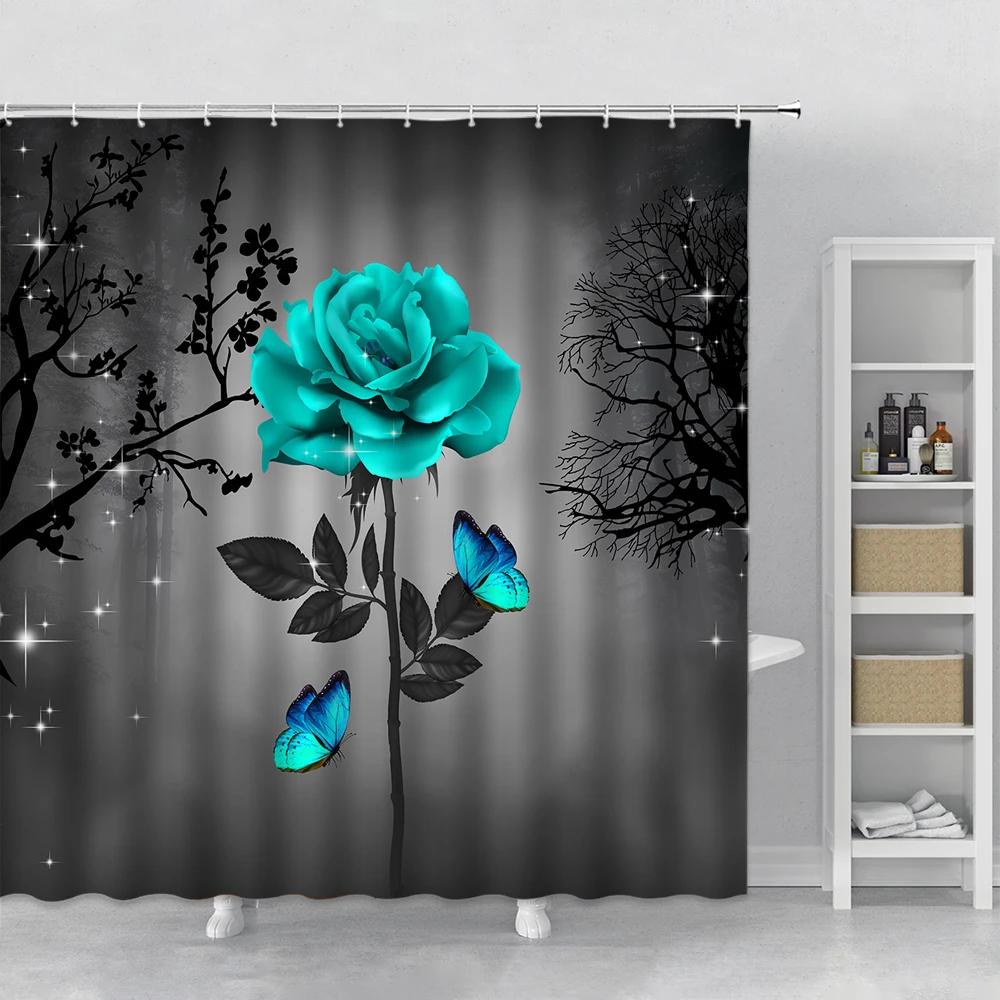 Flower Shower Curtain Set Orchid Teal Rose Plant Floral Leaves Print Bathroom Decor Fabric Bath Curtain Bathtub Accessories Hook
