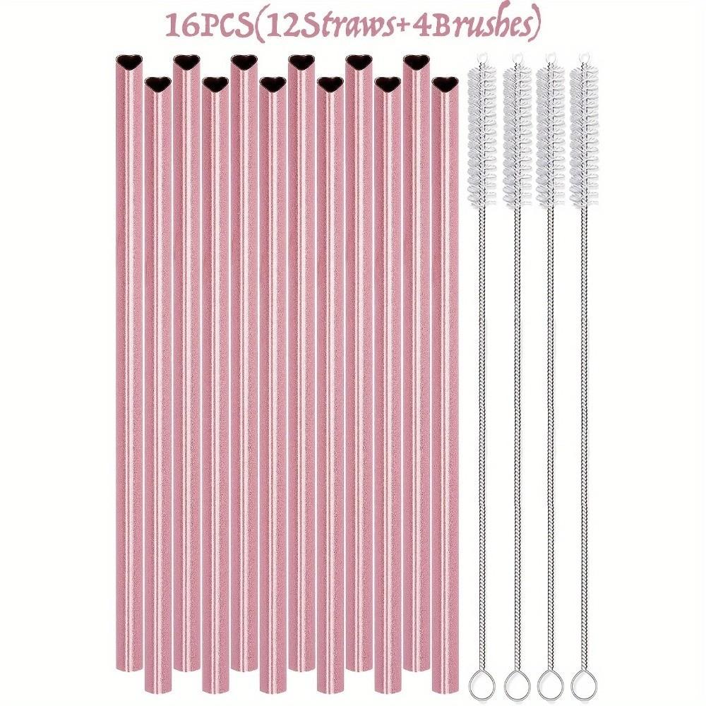 Pink Heart-Shaped Metal Straws Smooth Surface Eco-friendly 304 Stainless Steel Straws with Cleaning Brush Reusable Straws