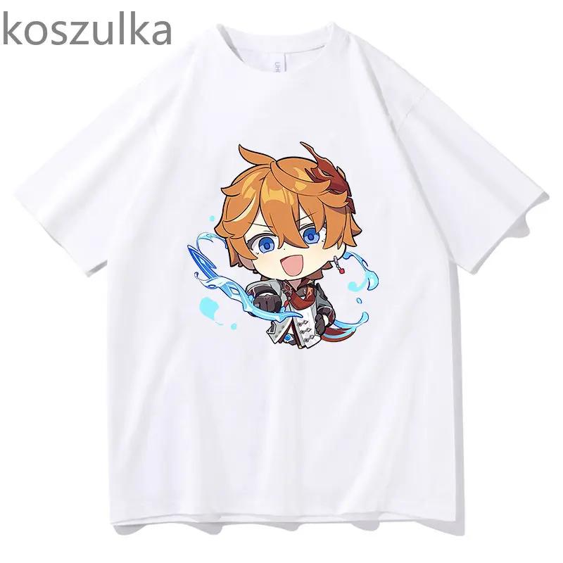 Tartaglia T-Shirt Genshin Impact – Chibi Childe Paar, 100 % Baumwolle, süßer Cartoon-Druck, Damen-Shirt, Sommer, gemütlich, weich, lässige Tops
