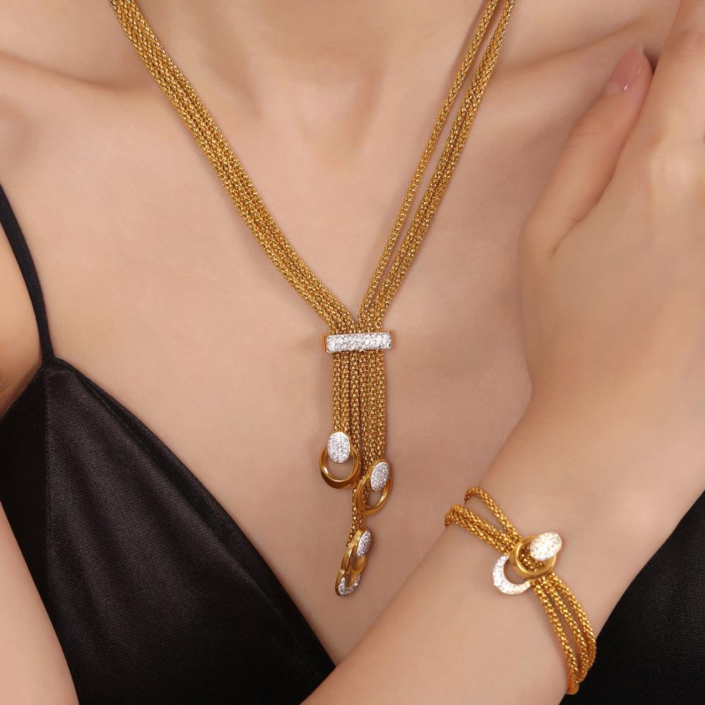 Korean Vintage U-Shaped Rhinestone Tassel Necklace Set - 18k Gold Plated Titanium Steel