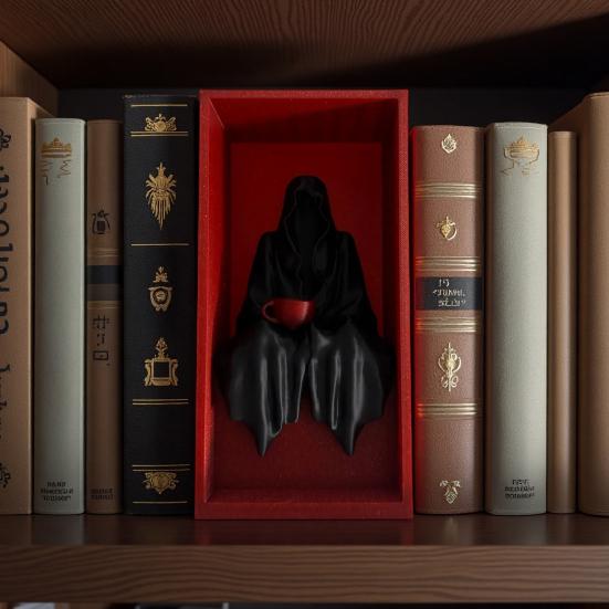 Sedící socha Smrtky Strašidelná dekorace na knihovnu Gotická socha muže v černé róbě pro dekoraci koutku na čtení Halloweenská párty