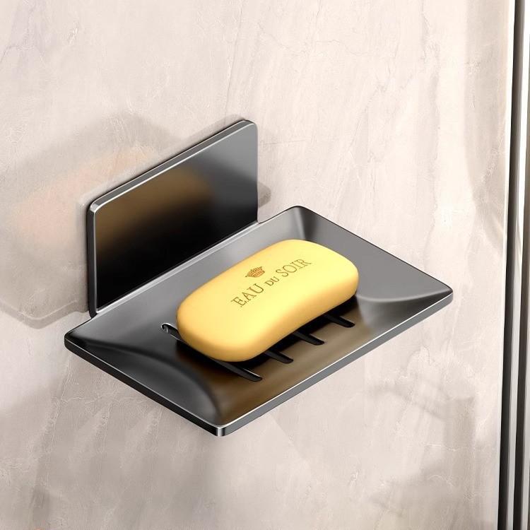 1pc no-drill black metal soap dish, includes adhesive, wall-mounted bathroom soap holder with drainage holes, soap rack