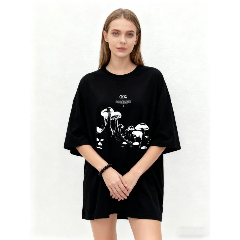Nadměrné tričko černé s potiskem houby a nápisem Grow, grafické tričko, ležérní streetwear, dámský módní top, letní outfit